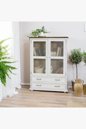 Provence-i vidéki stílusú kétajtós fenyő vitrin porcelán fogantyúval